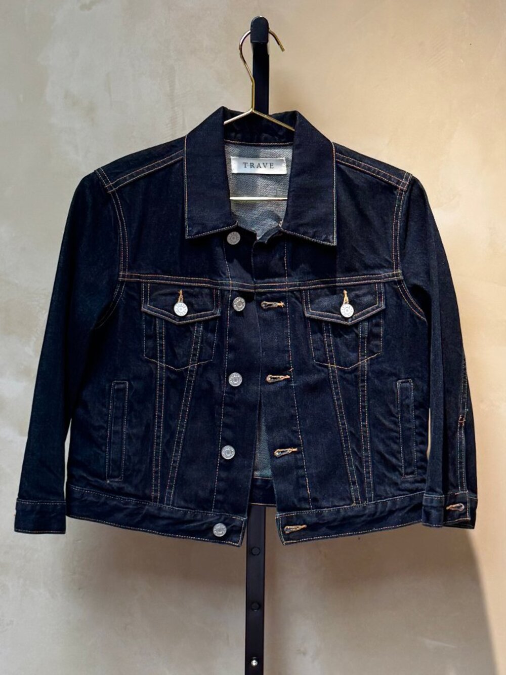 TRAVE Denim Dark Wash Zoey Cropped 3/4 Sleeve Trucker Jacket Size XS